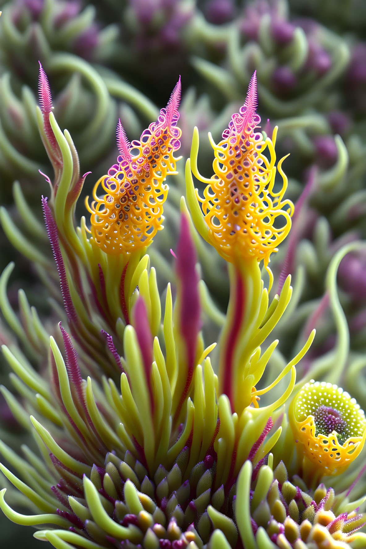 Colorful marine life with purple and yellow tendrils and bulbous structures.