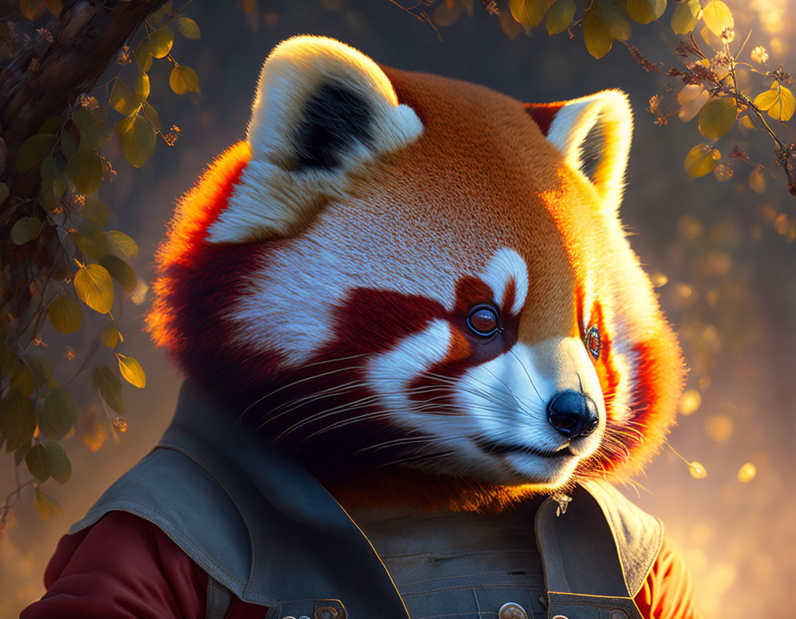 Detailed Red Panda Digital Artwork in Stylish Jacket with Forest Background