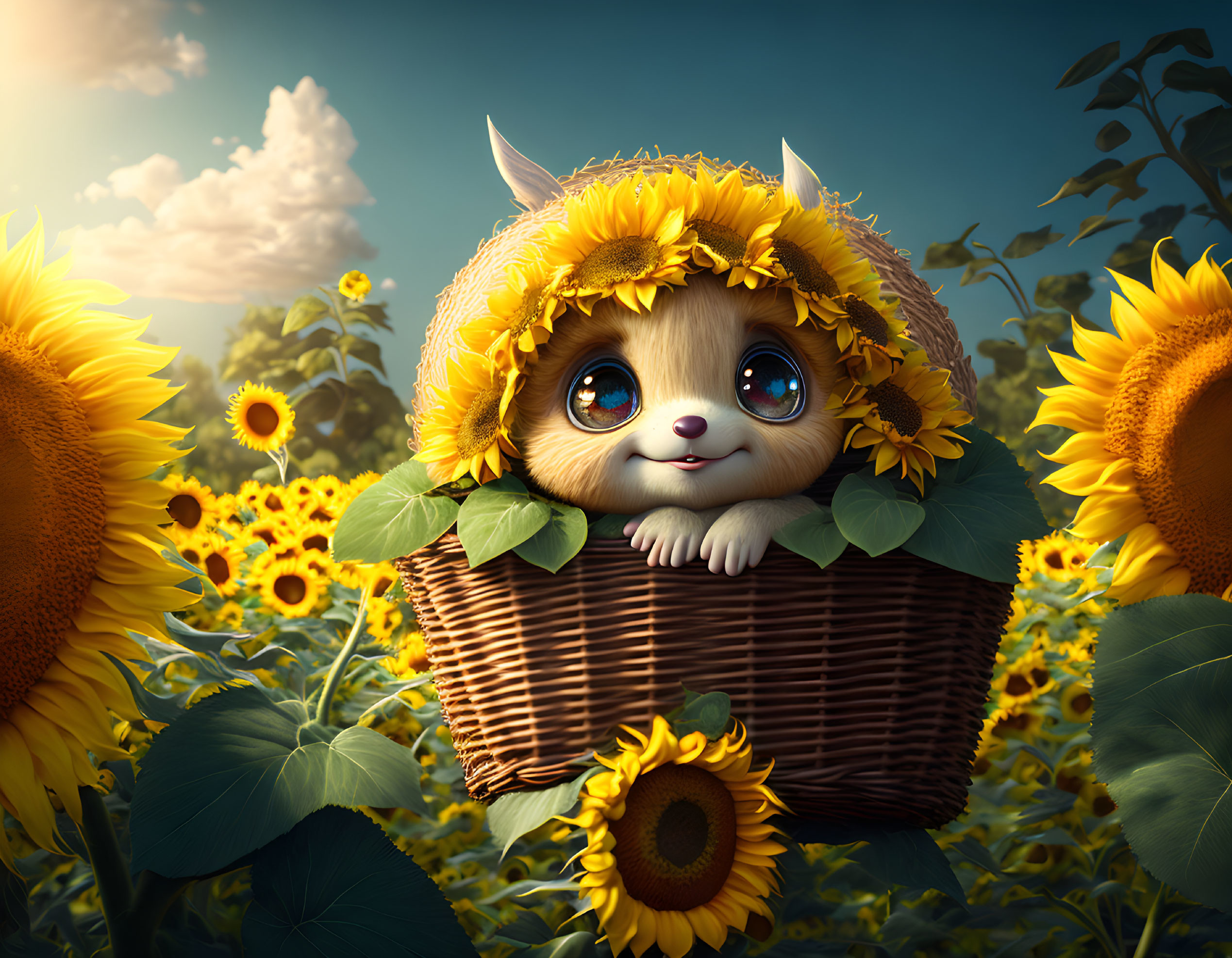 Adorable animated kitten in sunflower hat among sunflowers