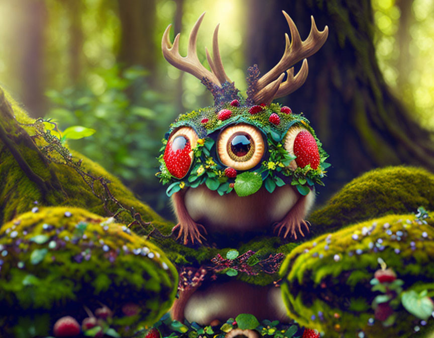 Whimsical creature with large eyes and antlers in mossy forest setting