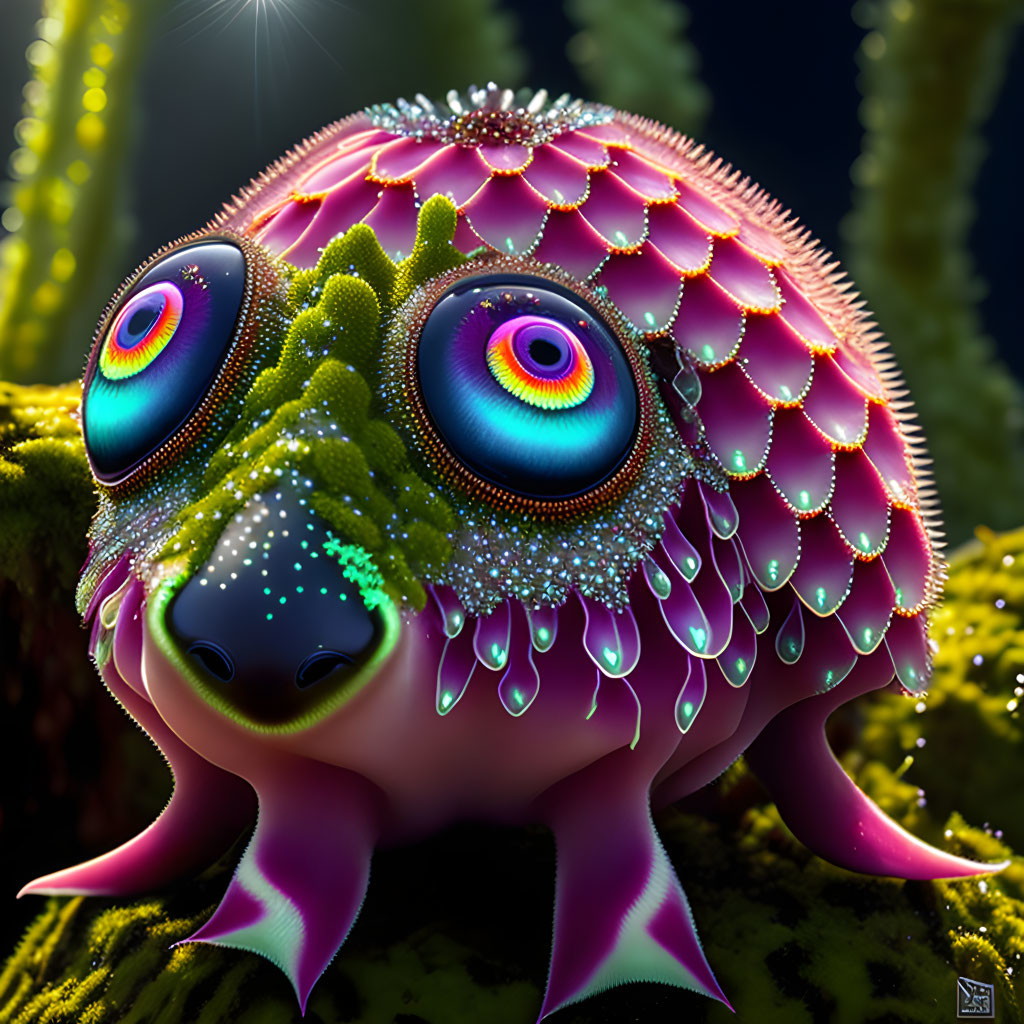 Colorful fantastical creature with multicolored eyes in a dark, plant-filled setting