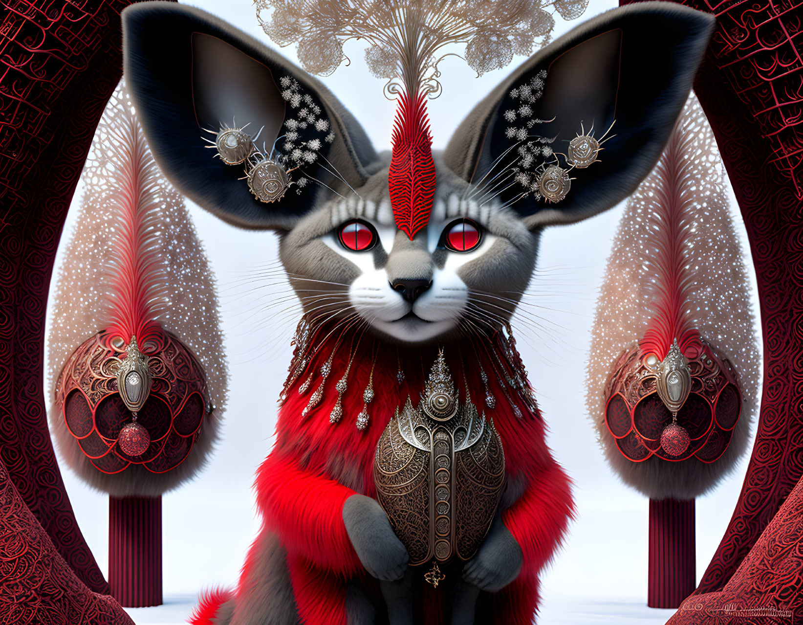 Anthropomorphic Cat with Gear-Like Adornments and Ornate Clothing on Mystical Backdrop