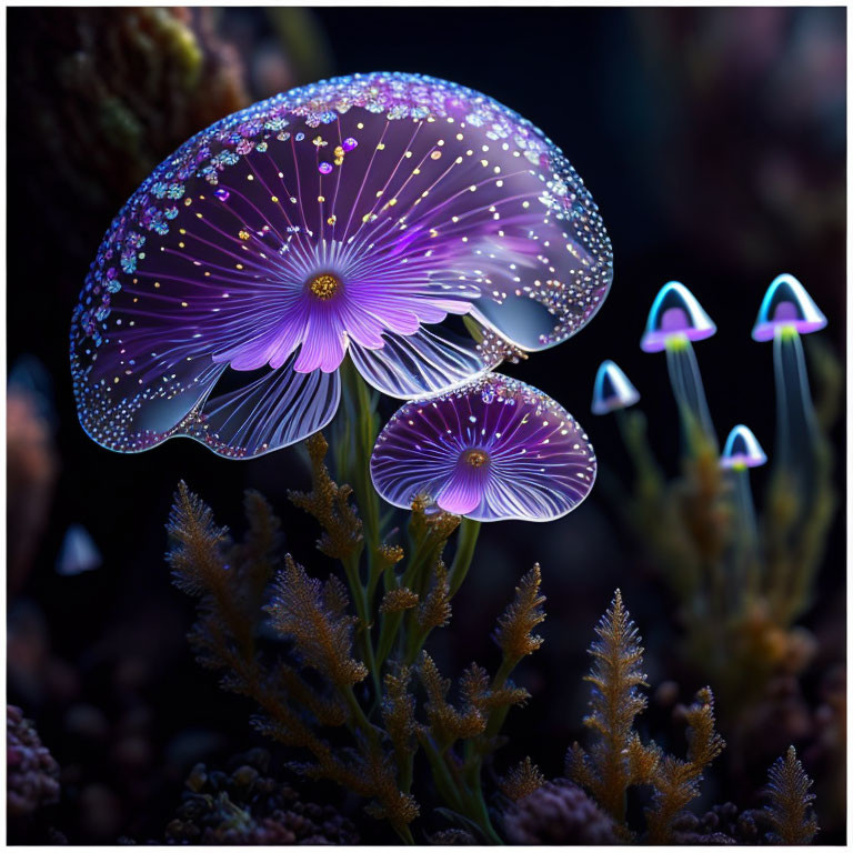 Vibrant Purple Glowing Mushrooms in Mystical Forest