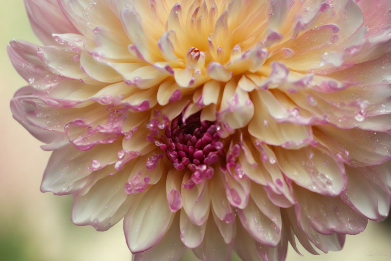 Pink and Yellow Dahlia with Dewdrops on Delicate Petals