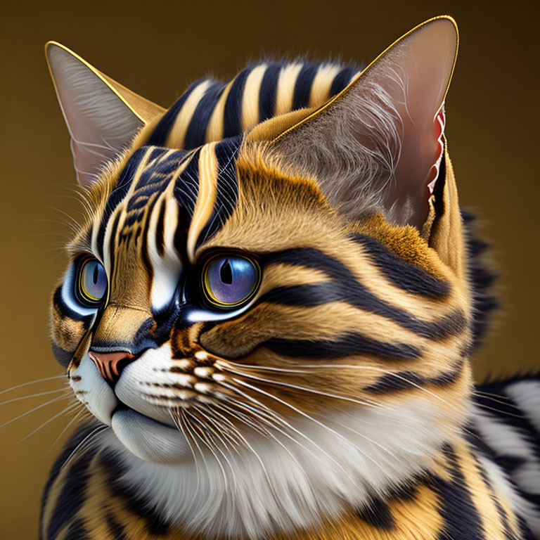 Digital artwork: Cat with tiger patterns, yellow eyes, realistic textures, golden background