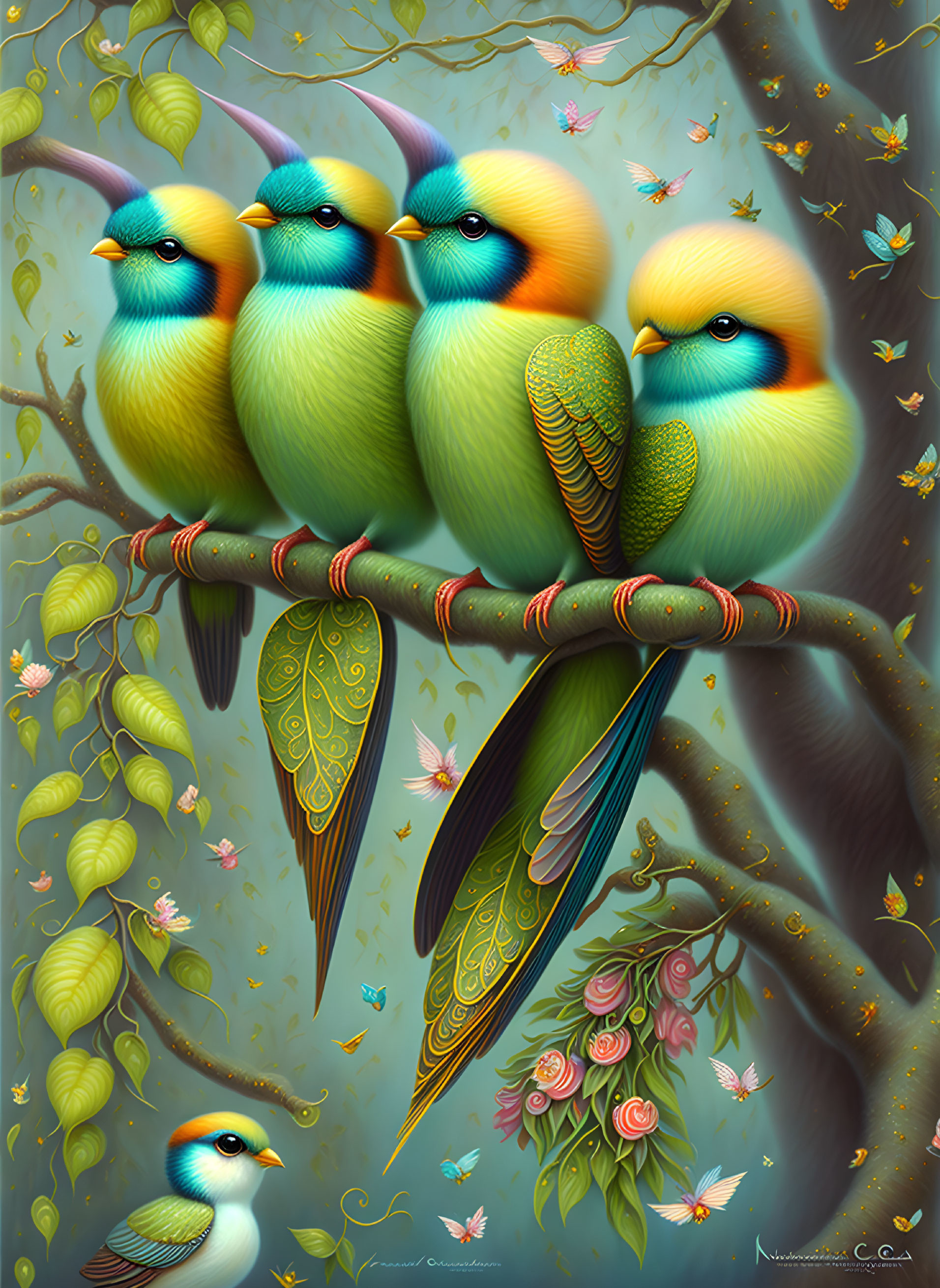 Colorful stylized birds on branch with intricate feather patterns in lush green setting.