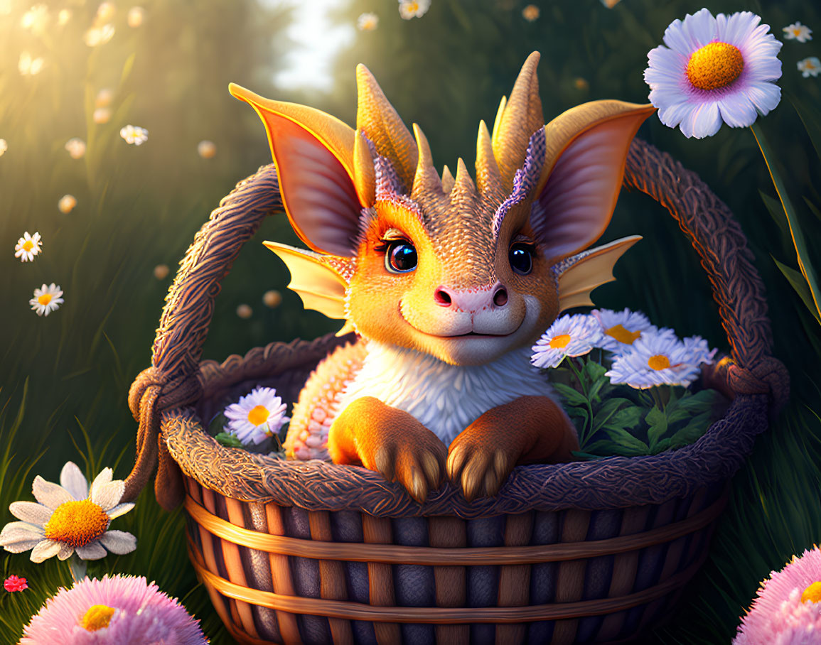 Whimsical illustration of cute dragon in wicker basket among daisies