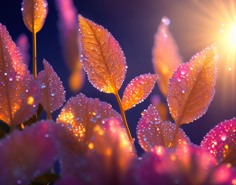 Glowing dew-covered leaves under twilight sky