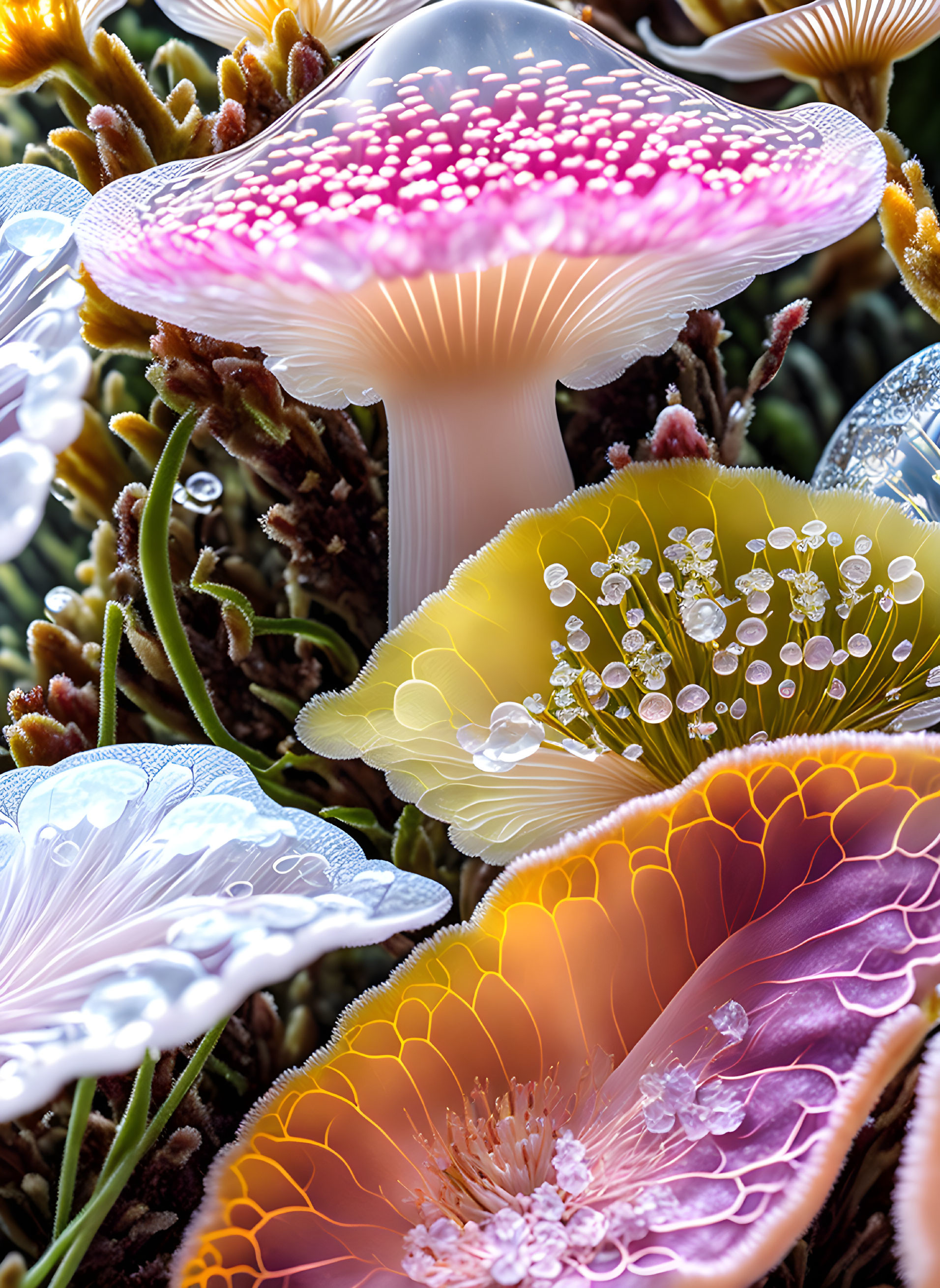 Vibrant translucent mushrooms with dew drops on dark background