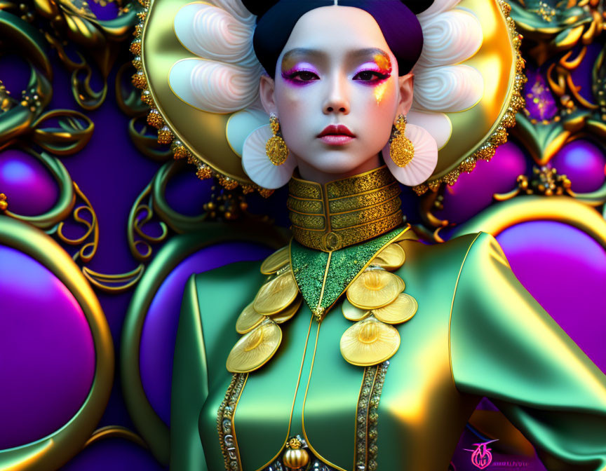 Digital artwork of woman in gold headdress, purple makeup, green outfit, gold ornaments, purple backdrop