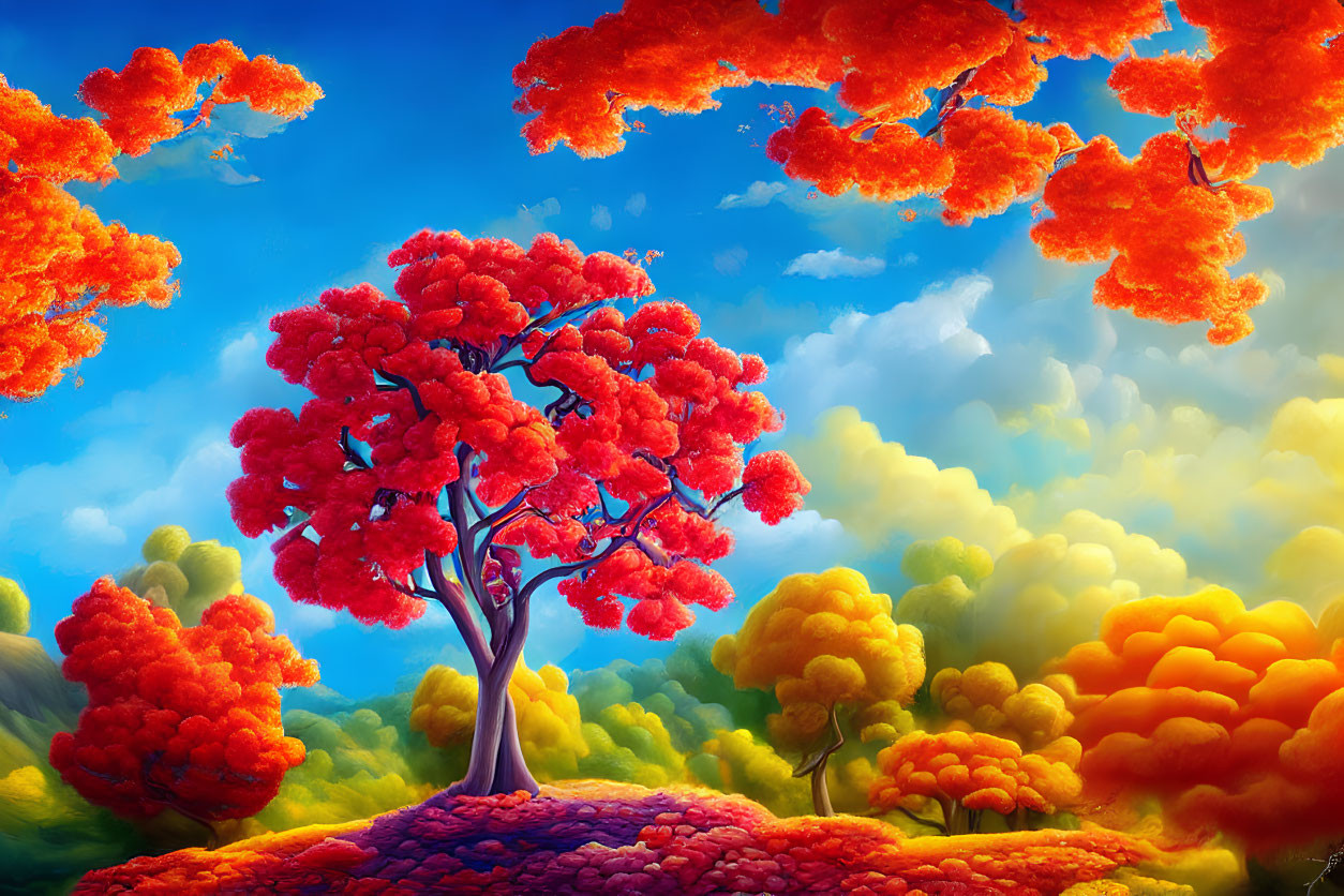 Colorful whimsical landscape with red-orange trees under a blue sky