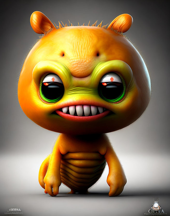 Colorful digital artwork of small orange creature with big eyes and toothy grin