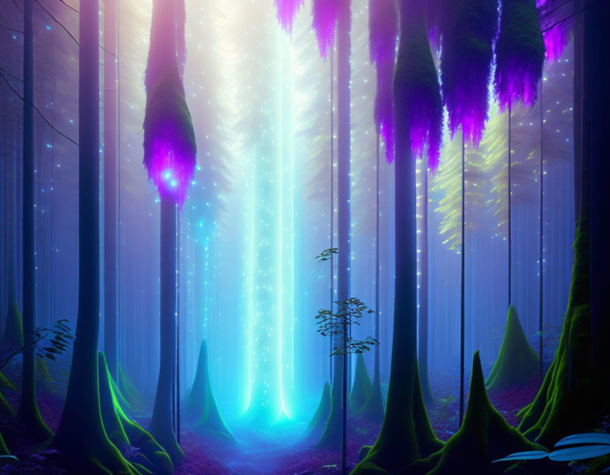 Mystical forest with bioluminescent plants, purple foliage, and radiant blue light