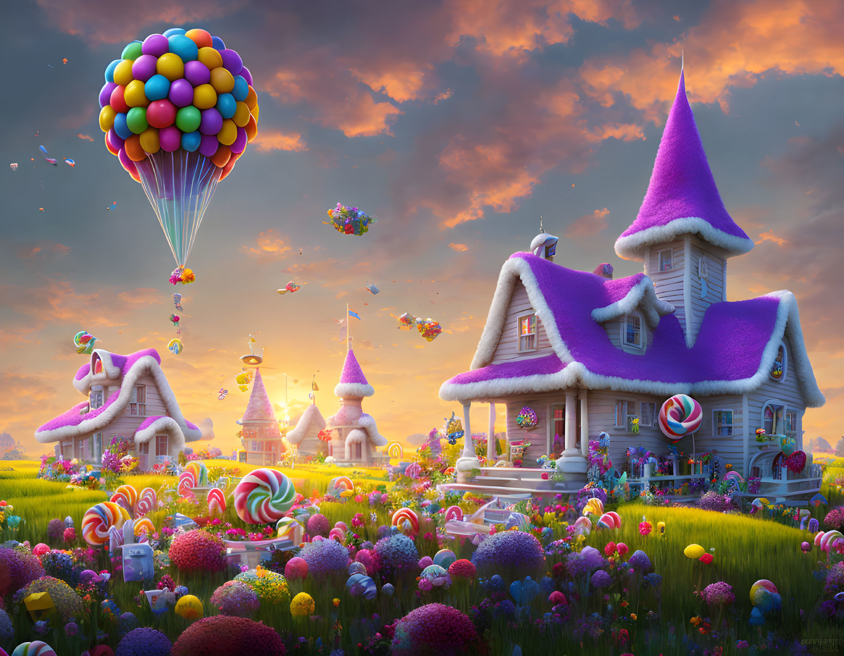 Colorful Candy-Themed Landscape with Hot Air Balloons