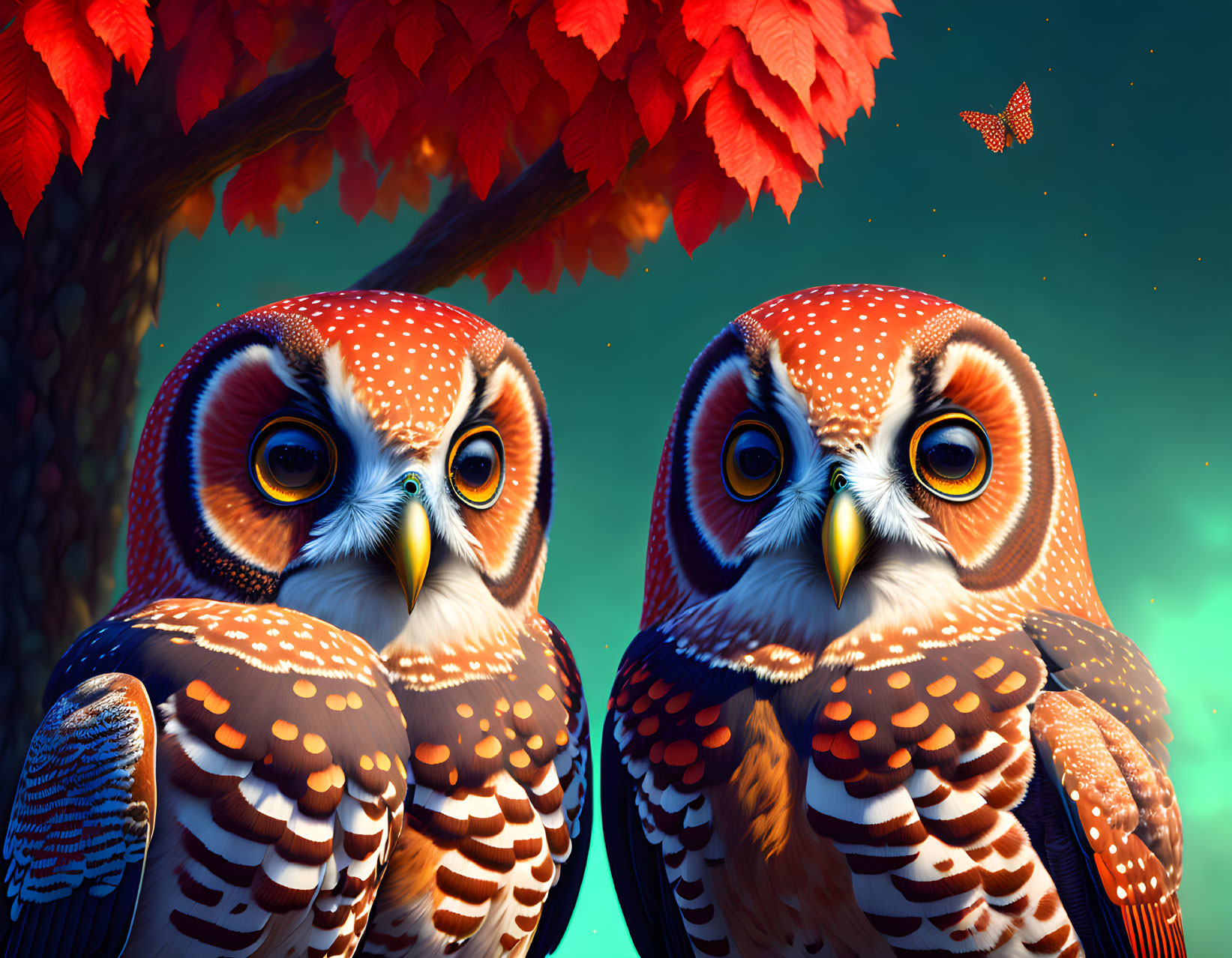 Colorful Digital Owls with Feather Patterns and Butterfly in Nature Scene