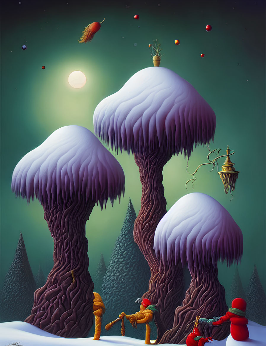 Snow-covered mushroom trees in winter scene with comet and figures.