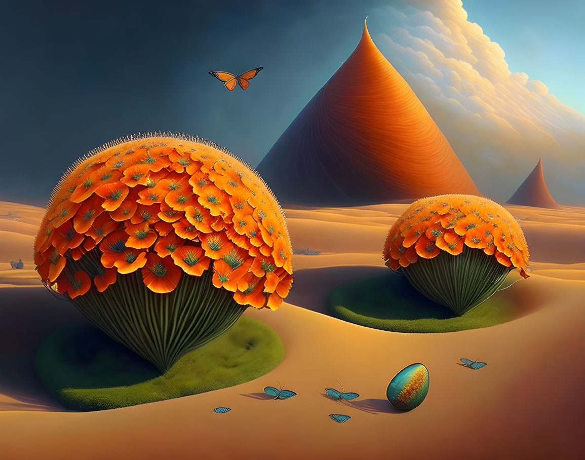 Surreal landscape: orange flower domes, butterflies, desert hills, blue sky