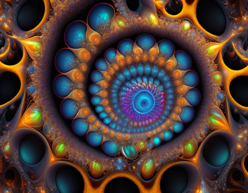 Colorful Spiral Fractal Art in Blue, Orange, and Turquoise