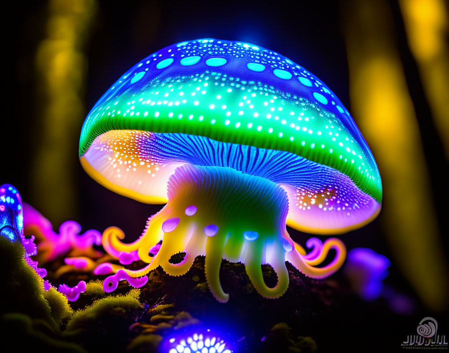 Vibrant illuminated mushroom with intricate patterns on radiant surface