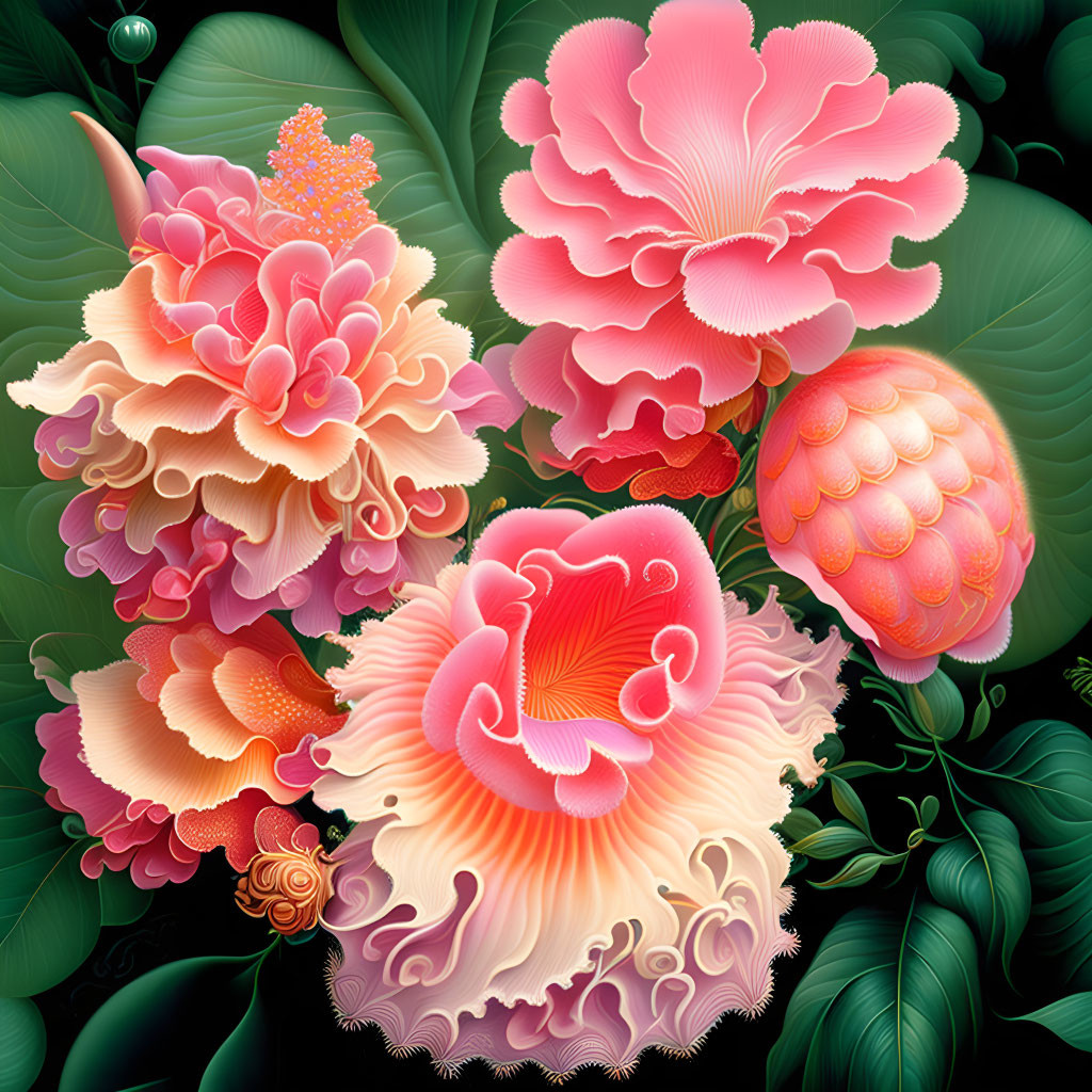 Colorful digital artwork: Pink and coral floral blooms on dark background