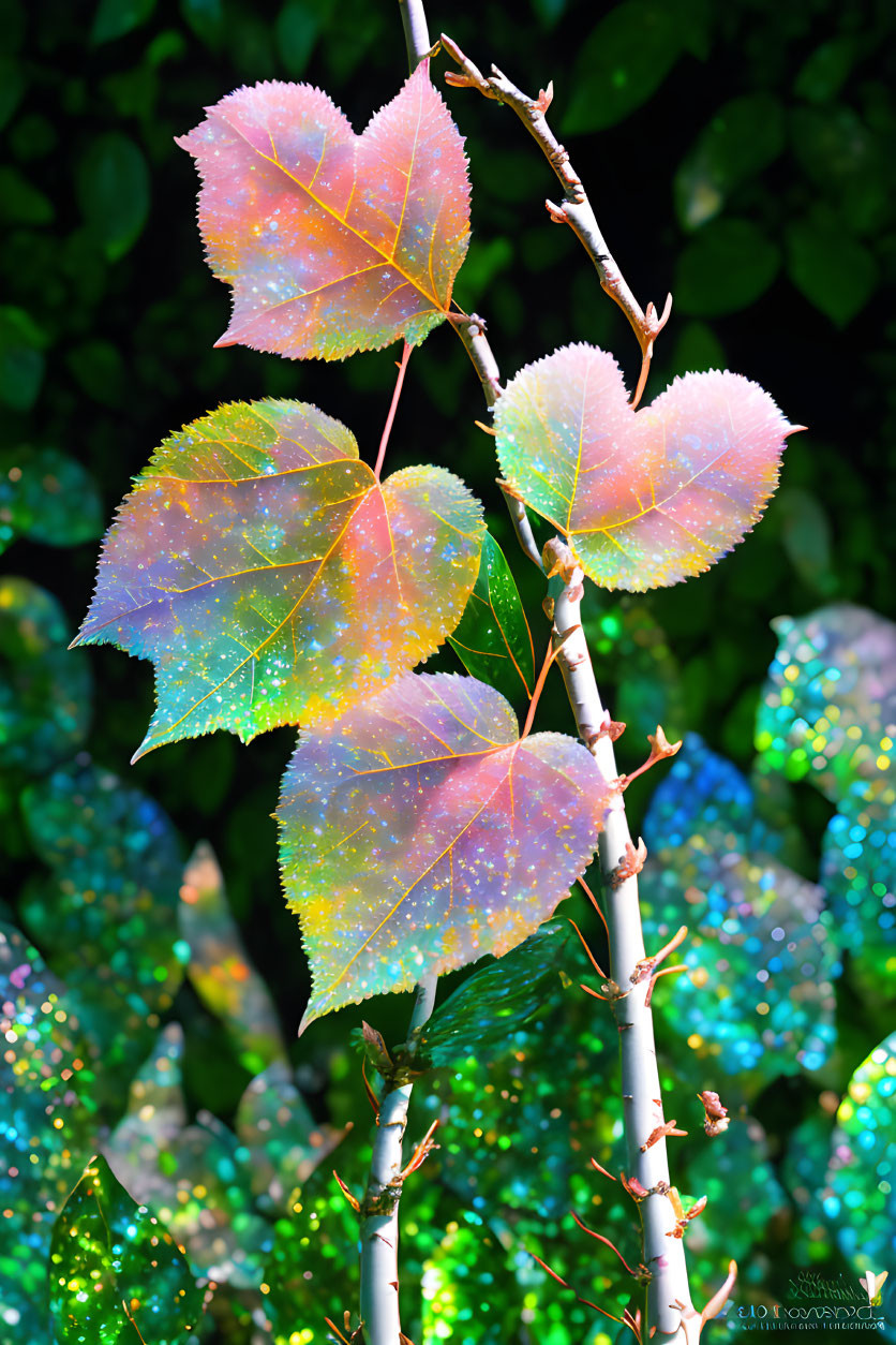 Iridescent leaves with dew on dark green foliage background