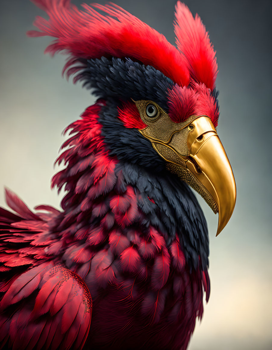 Colorful digital illustration of a fantasy bird with red crest and golden beak