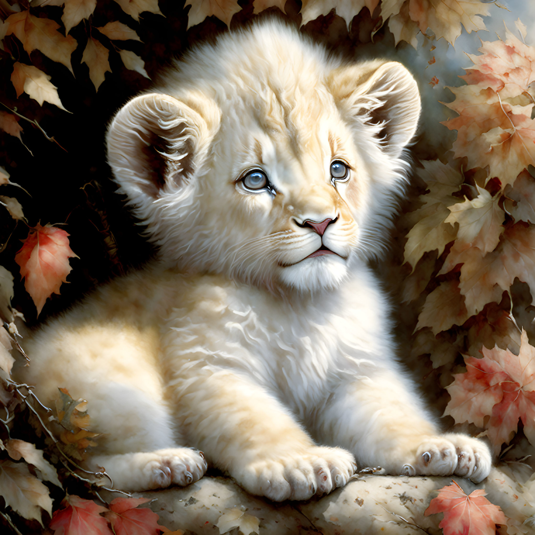 Young white lion cub in autumn leaves with curious blue eyes