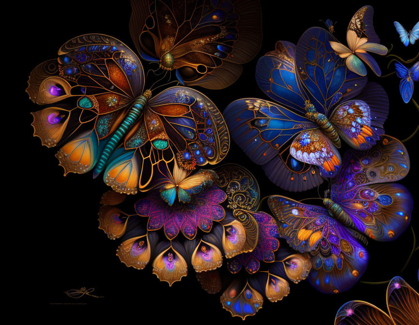 Intricately Designed Ornate Butterflies on Dark Background