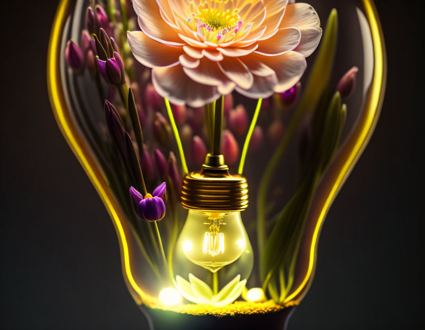 Vibrant flowers surround glowing lightbulb in artistic fusion