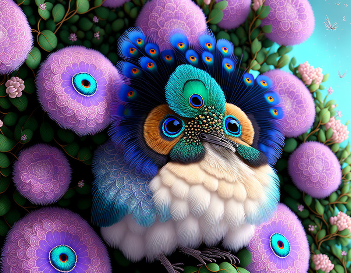 Colorful Stylized Bird with Peacock Feathers and Floral Decorations