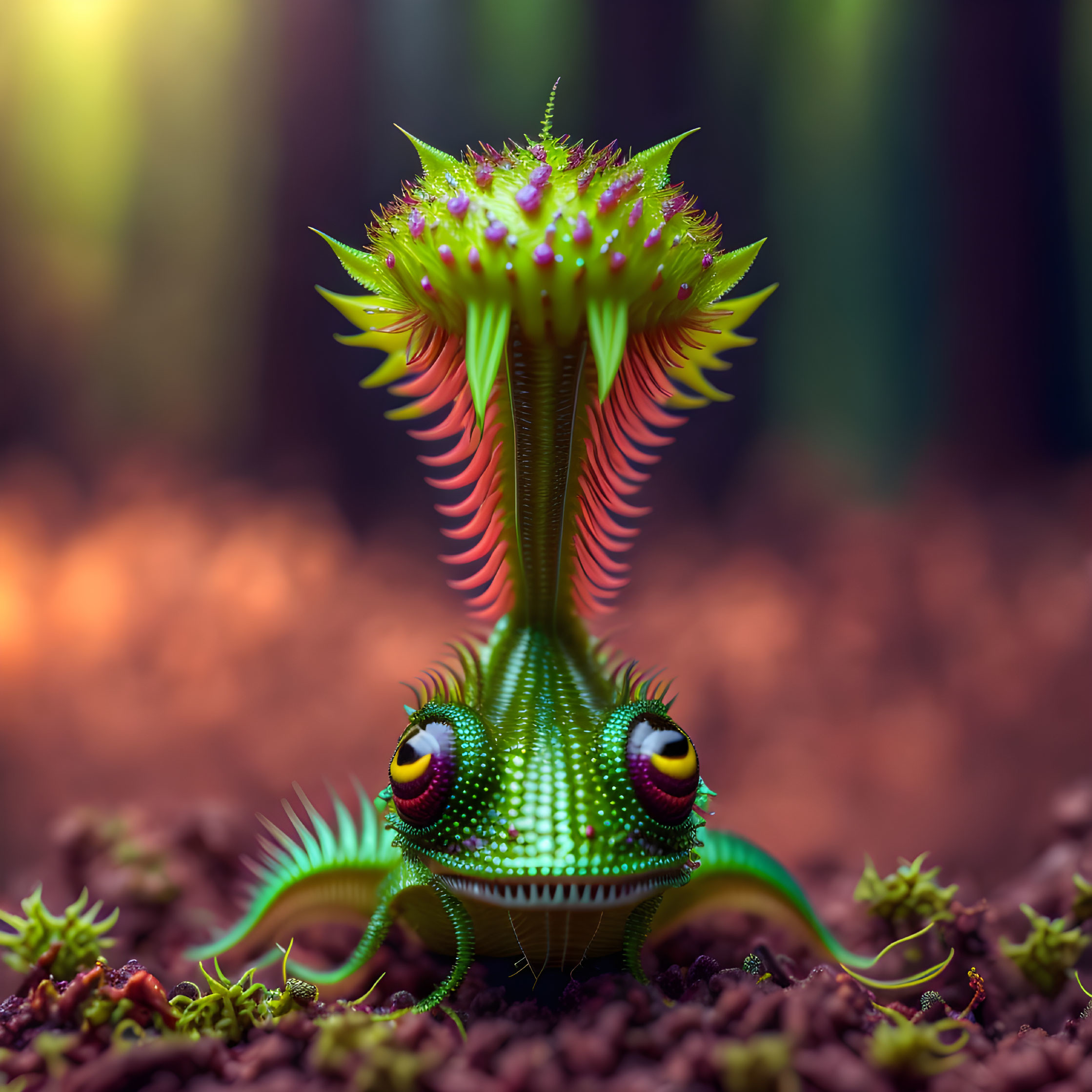 Colorful digital creature with plant-like appendages in mystical forest