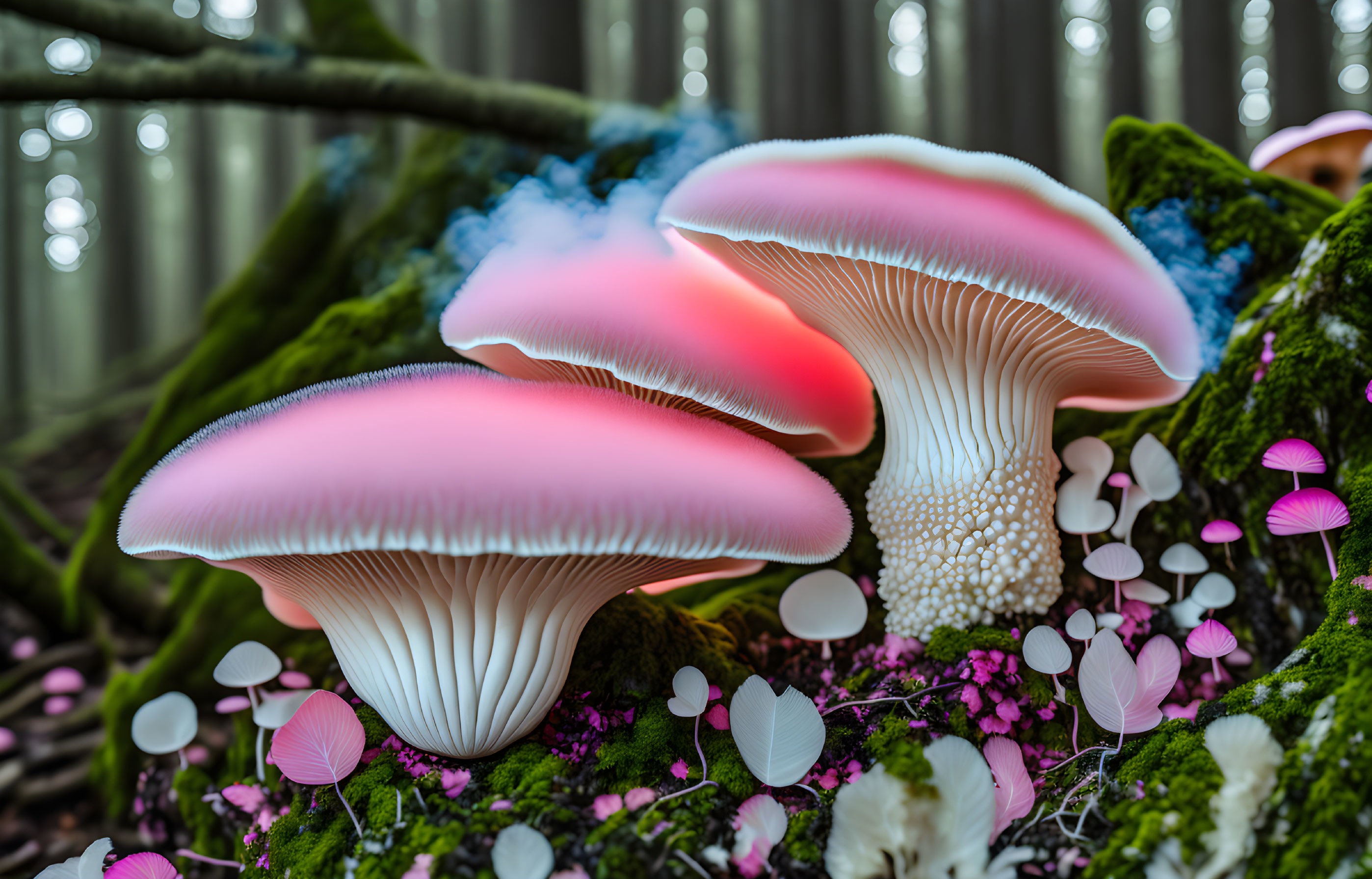 Luminescent pink mushrooms on moss-covered log in mystical forest