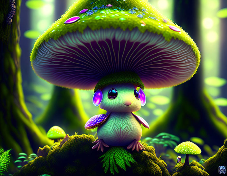 Illustration of cute creature under giant purple-eyed mushroom