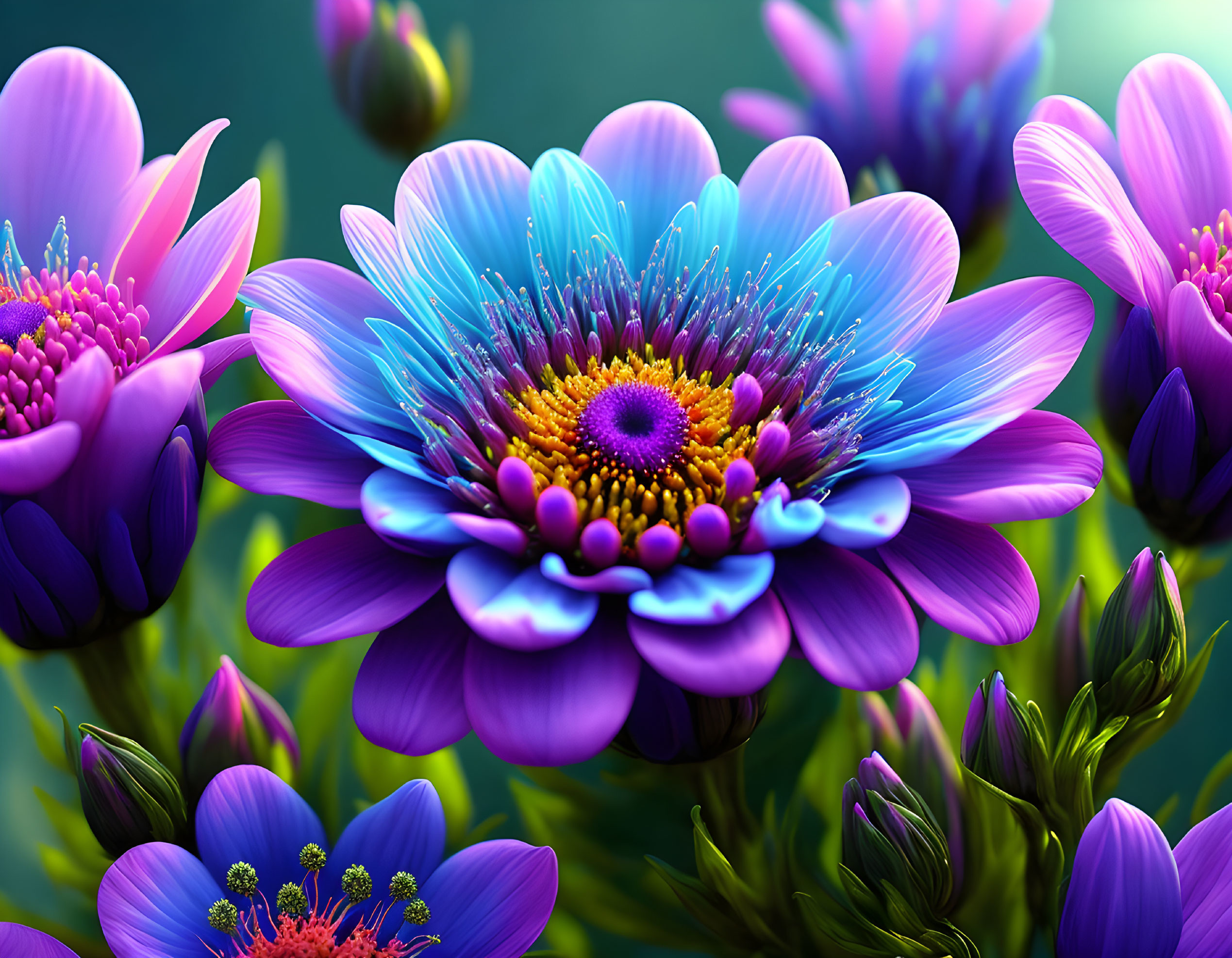 Colorful Purple Flowers with Yellow and Blue Centers in Lush Greenery