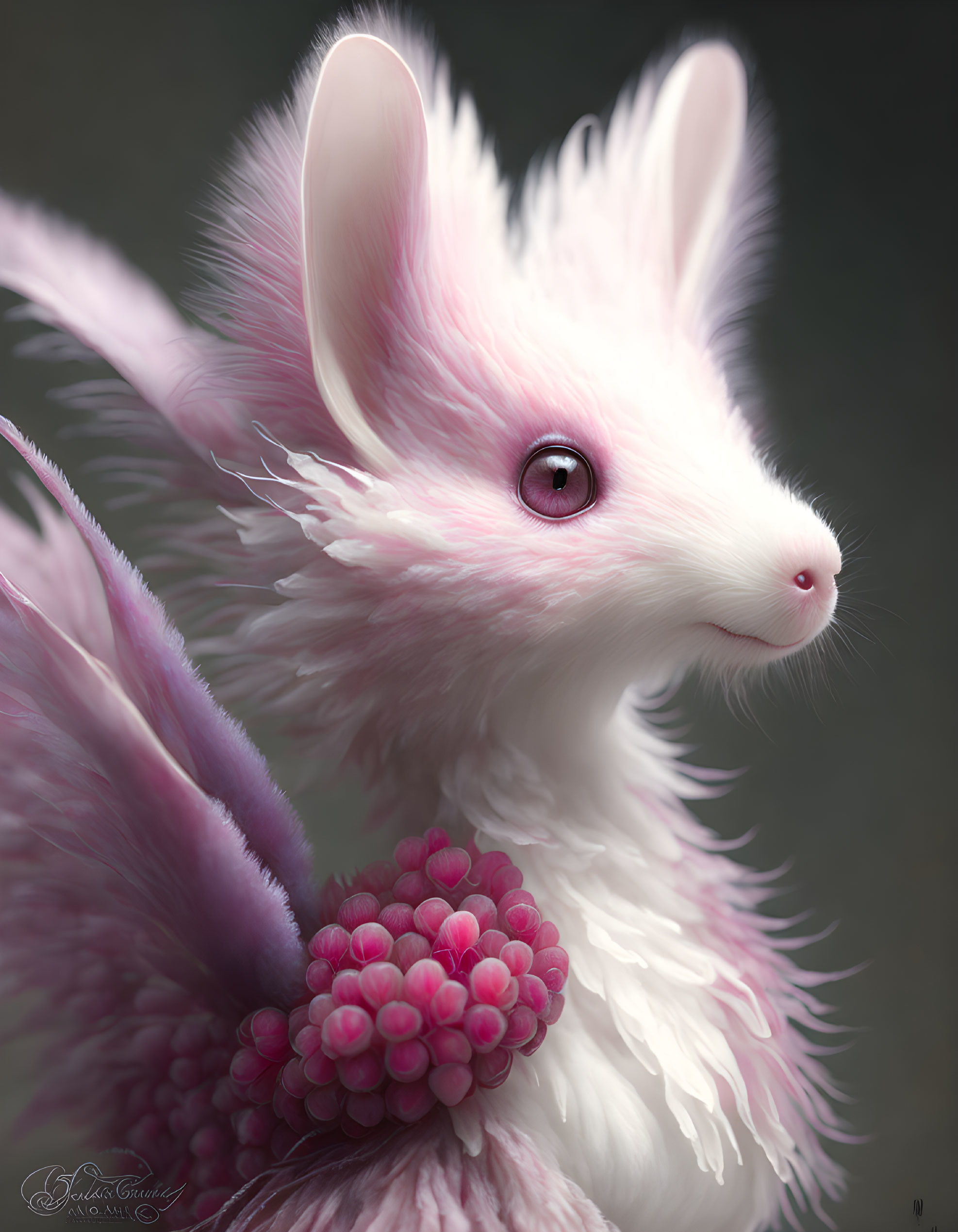 Whimsical digital illustration of pink creature with flowers