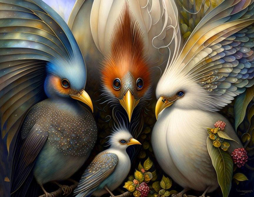 Vibrant Bird Family Painting Among Lush Foliage