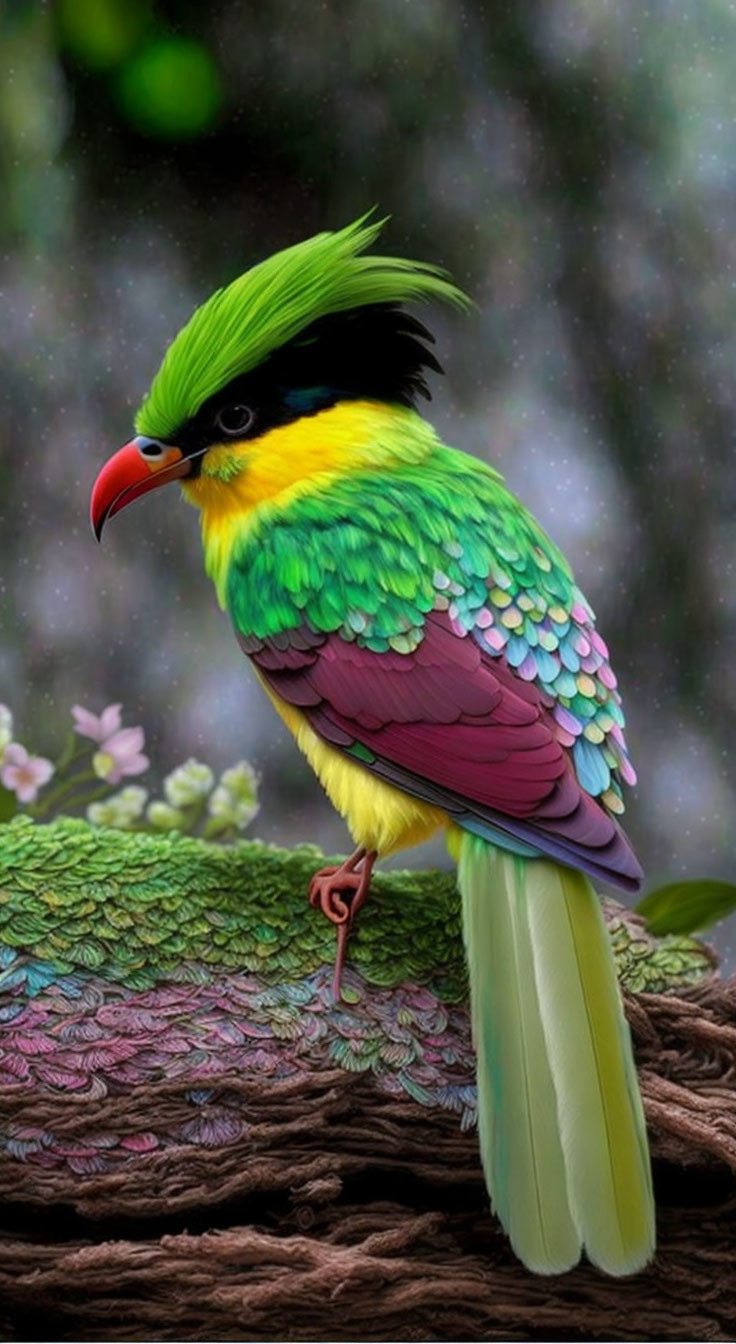 Colorful Fantastical Bird with Green Crest and Vibrant Feathers Perched on Branch