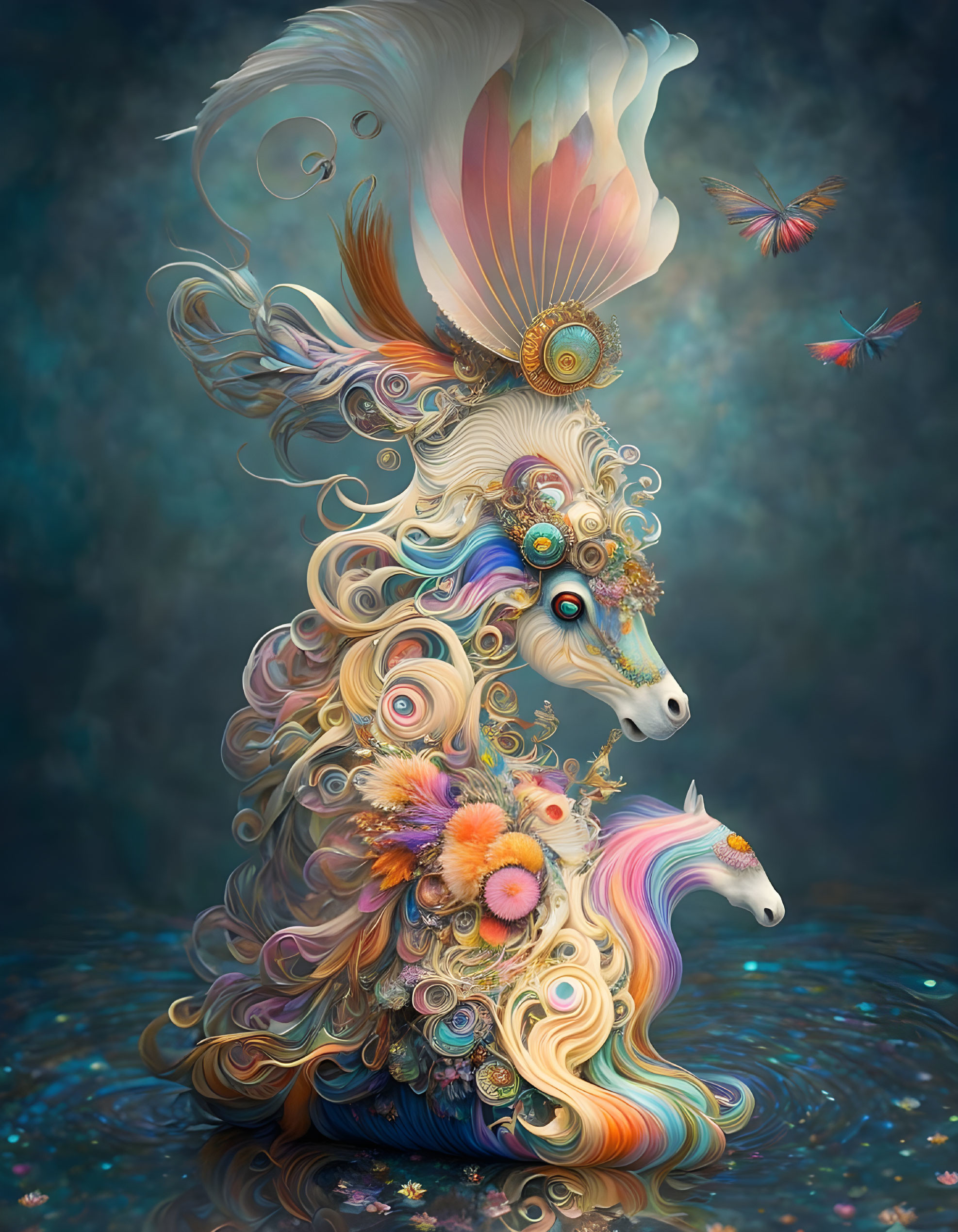 Fantastical digital artwork: Ornate horses, floral manes, butterflies.