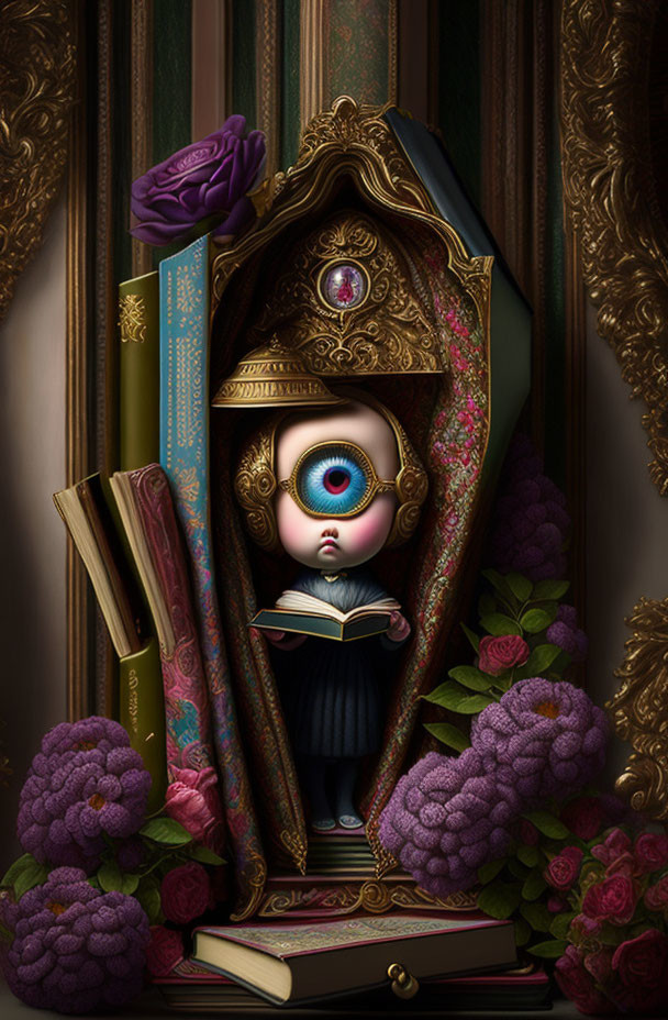 Surreal doll-like character reading in gothic arch with colorful eyes