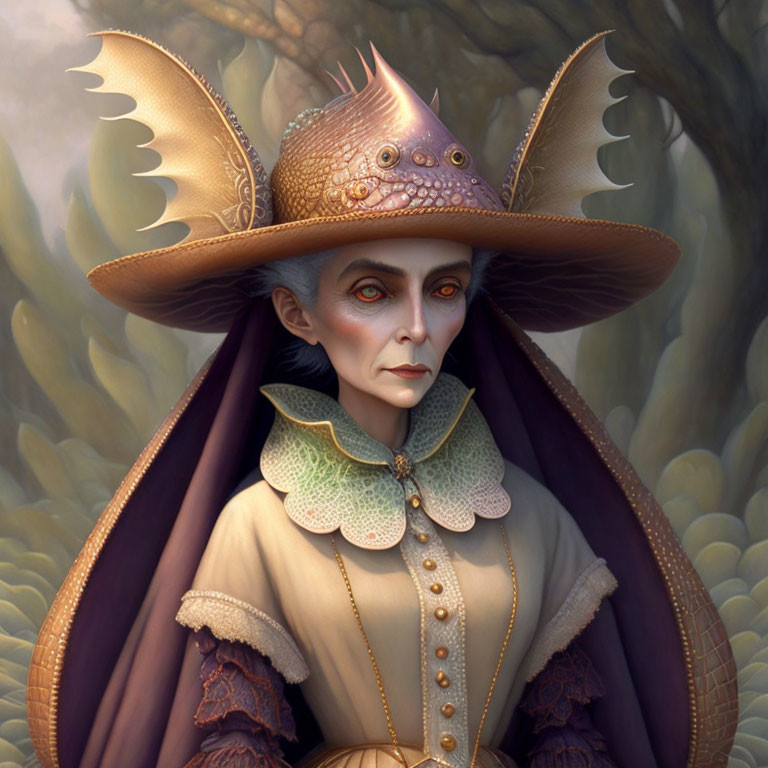 Fantasy character with pale skin in winged hat, cloak, detailed garment, in misty forest