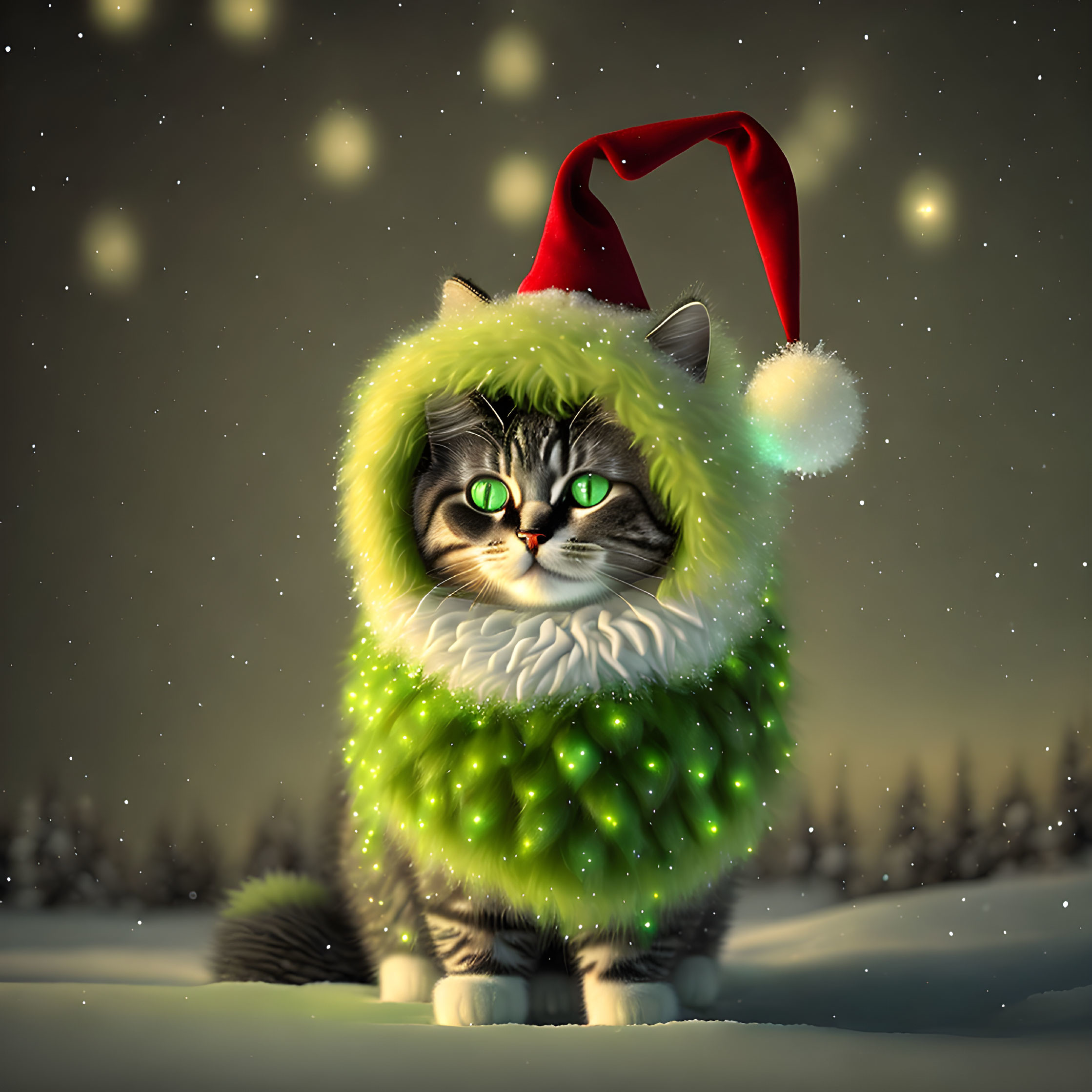 Green-eyed cat in Santa hat and Christmas tree outfit in snowy landscape with glowing orbs