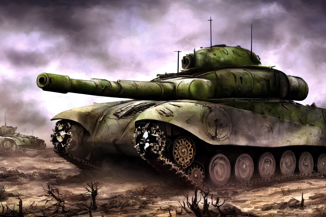 Digital artwork: Military tanks in stormy battlefield