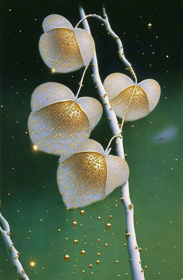 Golden Glittering Seed Pods on White Branches in Dark Green Background