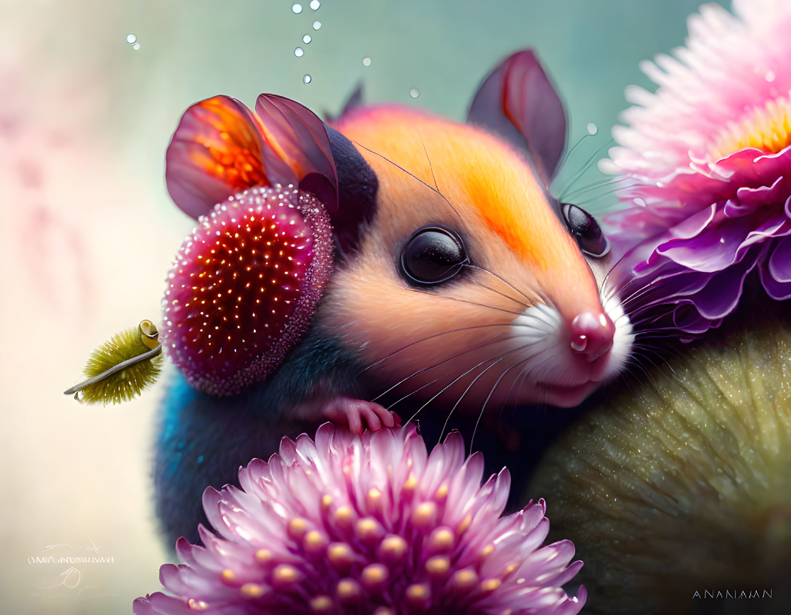 Colorful digital artwork: whimsical mouse nestled in vibrant flowers