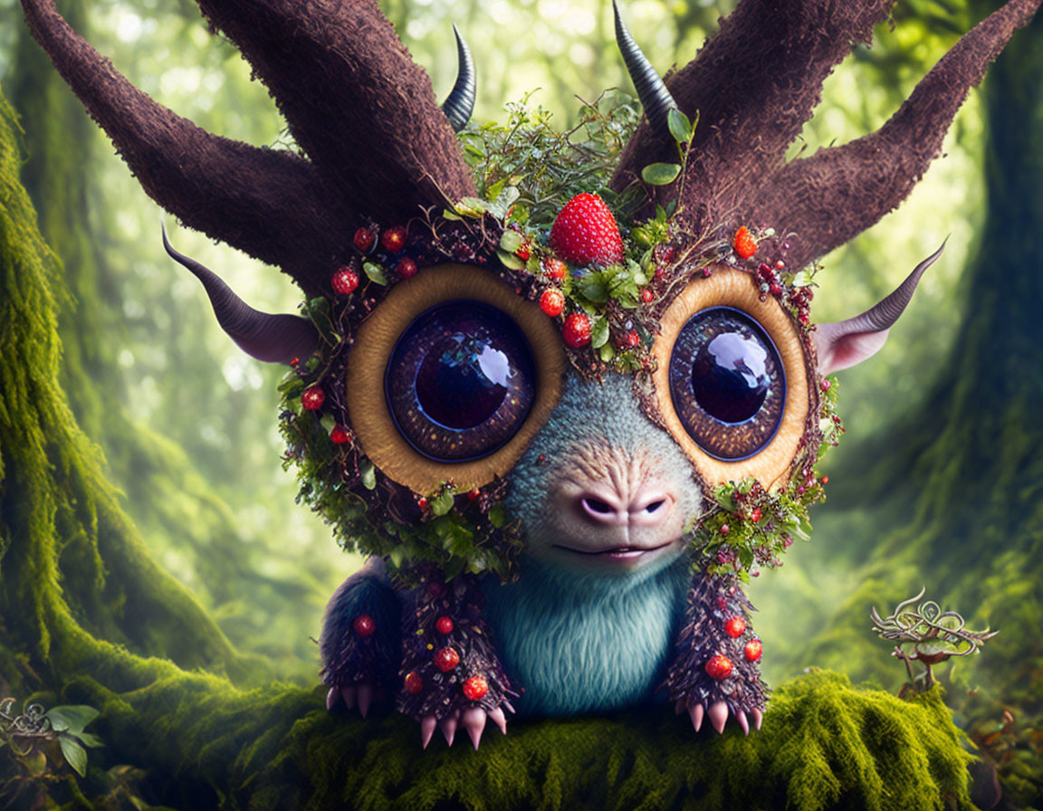 Fantasy creature with large eyes and antlers in mossy forest