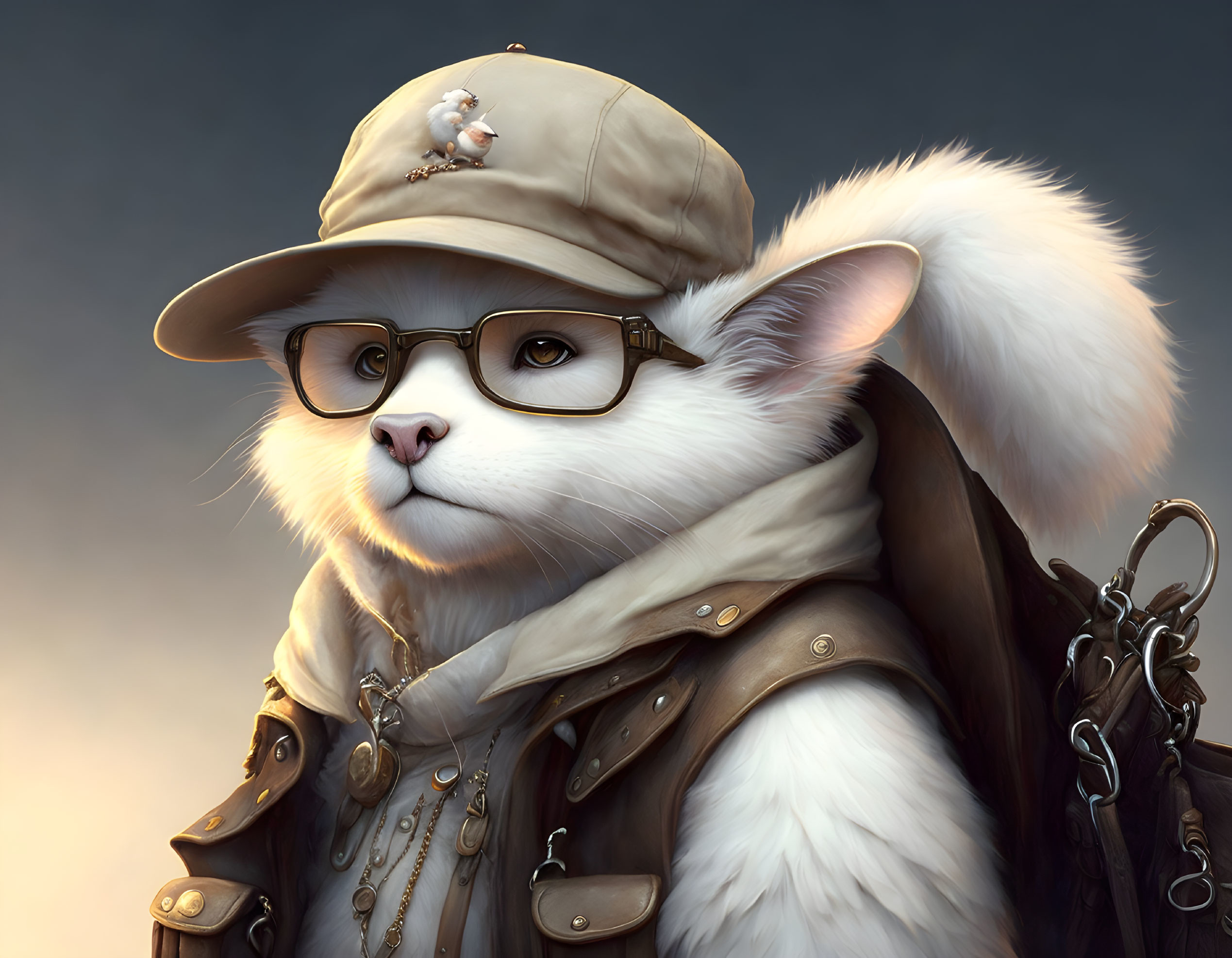 Anthropomorphic white cat in vintage pilot outfit with mouse on cap