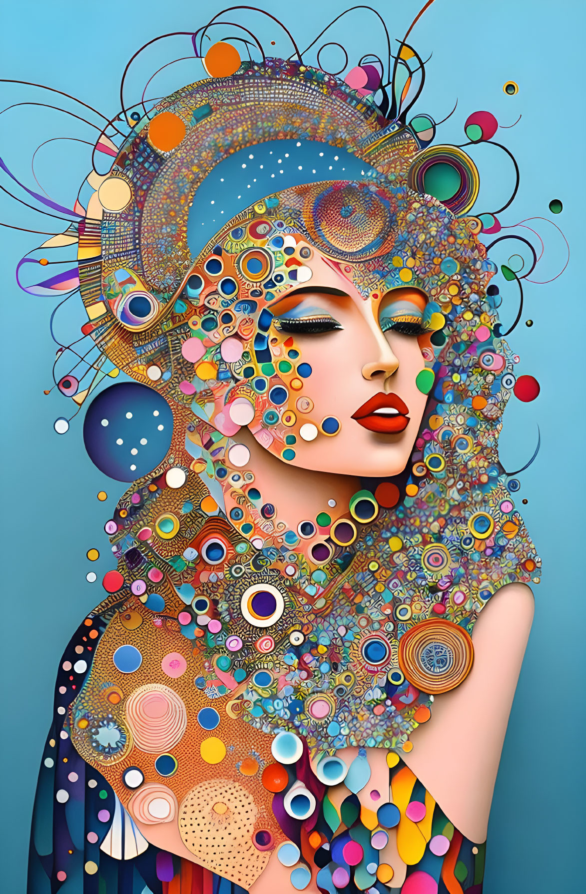 Vibrant circles and patterns adorn stylized woman in colorful digital artwork