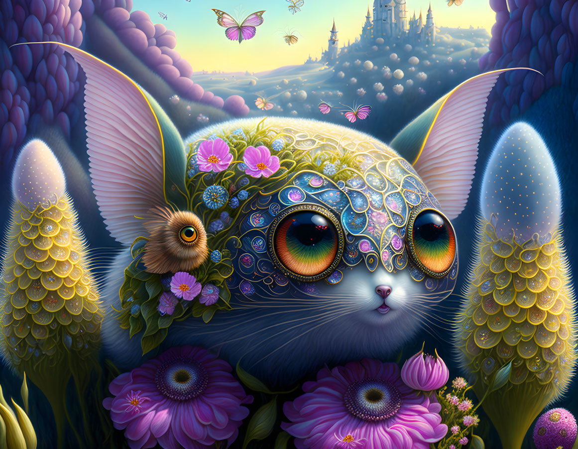 Fantastical creature with cat-like features, flowers, and castle in background