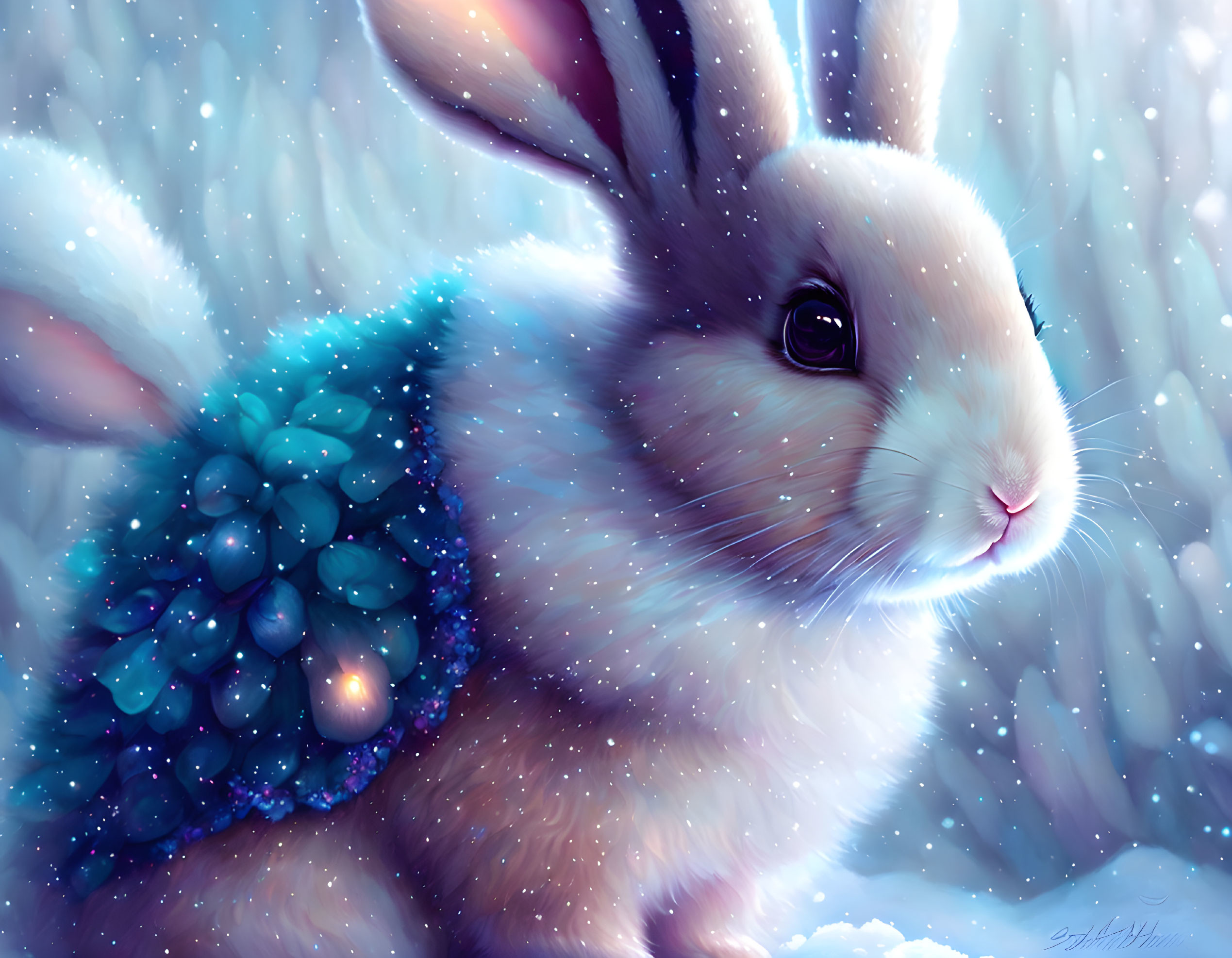 Whimsical fluffy rabbit with blueberries in snowy scene