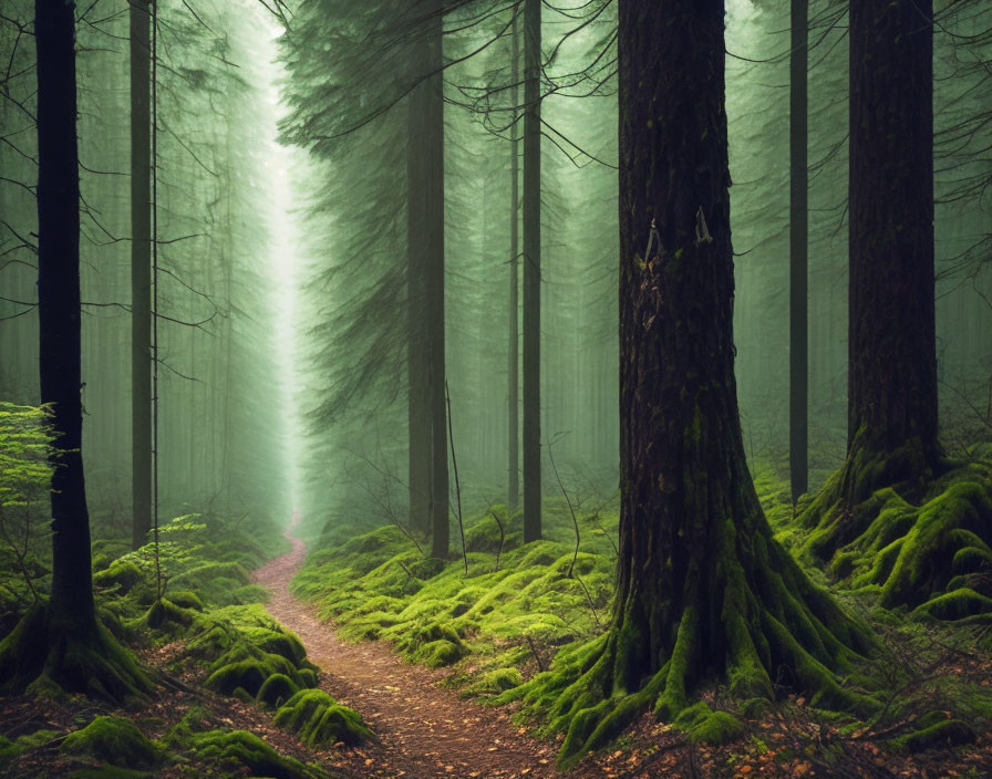 Mystical forest path with towering trees and green moss